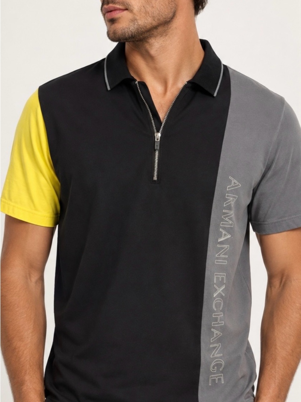 Armani Exchange Black/Gray/Yellow Zip Polo Mens Small